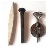 Cast Iron Stove Damper, Railroad Spike and German Whetstone
