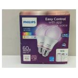 Philips 2pk 8.8W Smart LED Wi-Fi and Bluetooth A19 Color: Energy Star, Dimmable, 800 Lumens, Apple HomeKit Compatible