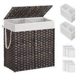 SONGMICS Laundry Hamper with Lid, 110L Clothes Hamper with 2 Removable Liner Bags, 6 Mesh Bags, Wicker Laundry Basket, Double Laundry Hamper for Bathroom