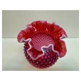 FENTON Hobnail Cranberry Pink Ruffled Edge Vase
