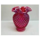 FENTON Hobnail Cranberry Pink Ruffled Edge Vase