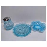FENTON Blue Opalescent Hobnail Ruffle Trinket Bowl & Coin Dot Accessories  + Serving Plate
