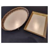 Vintage Gold Tone Mirrored Vanity Trays