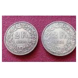 (2) Switzerland Silver 2 Franc Coins