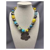 Lilly Pulitzer Huge Statement 925 Sterling Silver Art Glass Beaded Necklace with Flower Pendant