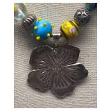 Lilly Pulitzer Huge Statement 925 Sterling Silver Art Glass Beaded Necklace with Flower Pendant