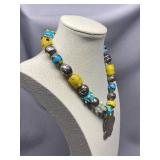 Lilly Pulitzer Huge Statement 925 Sterling Silver Art Glass Beaded Necklace with Flower Pendant