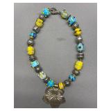 Lilly Pulitzer Huge Statement 925 Sterling Silver Art Glass Beaded Necklace with Flower Pendant