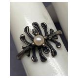 Sterling Silver 925 Floral Pearl Ring Size 7.5