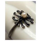 Sterling Silver 925 Floral Pearl Ring Size 7.5