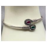 Adjustable Sterling Silver 925 Bracelet with Red & Green Gemstones