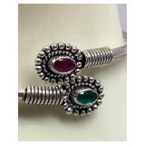 Adjustable Sterling Silver 925 Bracelet with Red & Green Gemstones