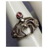 Sterling Silver 925 Spider Ring with Red Stone Size 7