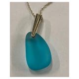 Sterling Silver 925 Necklace with Blue Sea Glass Pendant