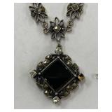 Vintage Ornate Black Stone Sterling Silver 925 Necklace Art Deco Design