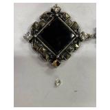 Vintage Ornate Black Stone Sterling Silver 925 Necklace Art Deco Design