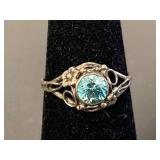 Vintage Style Sterling Silver 925 Floral Ring with Aqua Blue Gemstone Size 7.75