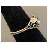 Vintage Style Sterling Silver 925 Floral Ring with Aqua Blue Gemstone Size 7.75