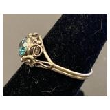 Vintage Style Sterling Silver 925 Floral Ring with Aqua Blue Gemstone Size 7.75