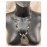 Intricate Sterling Silver 925 Necklace with Green Stone