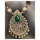 Intricate Sterling Silver 925 Necklace with Green Stone