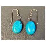 Sterling Silver 925 Turquoise Oval Dangle Earrings Hook Style