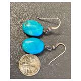 Sterling Silver 925 Turquoise Oval Dangle Earrings Hook Style