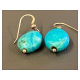 Sterling Silver 925 Turquoise Oval Dangle Earrings Hook Style