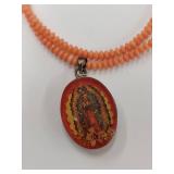 Vintage Sterling Silver & Coral Our Lady of Guadalupe Necklace