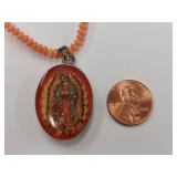 Vintage Sterling Silver & Coral Our Lady of Guadalupe Necklace