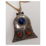 Large Signed Sterling Silver Pendant with Gemstones Vintage Design