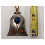 Large Signed Sterling Silver Pendant with Gemstones Vintage Design