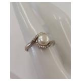 Elegant White Pearl Ring with Sterling Silver Band and Gem Accents