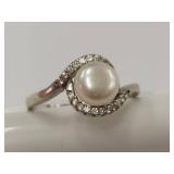 Elegant White Pearl Ring with Sterling Silver Band and Gem Accents