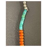 Sterling Silver Turquoise & Coral Bead Necklace 21"