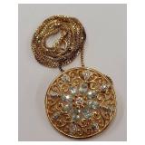 Gold Tone Sterling Sliver Pendant Necklace Medallion Filigree Flower Design Set w/ Gemstones