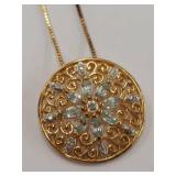 Gold Tone Sterling Sliver Pendant Necklace Medallion Filigree Flower Design Set w/ Gemstones