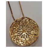 Gold Tone Sterling Sliver Pendant Necklace Medallion Filigree Flower Design Set w/ Gemstones