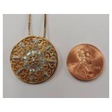 Gold Tone Sterling Sliver Pendant Necklace Medallion Filigree Flower Design Set w/ Gemstones