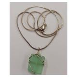 Elegant Sea Foam Green Glass Pendant with 925 Sterling Silver