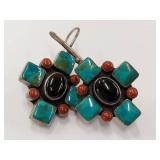 Vintage 925 Silver Turquoise Coral Inlay Earrings