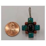 Vintage 925 Silver Turquoise Coral Inlay Earrings