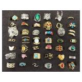 Lot of 40+ Fashion Costume Jewelry Rings & Some Sterling Silver Rings