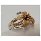 Gold-Tone Flower Design Ring with Sterling Silver Band