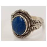 Vintage Blue Stone Ring with Intricate Sterling Silver Band