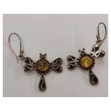 Sterling Silver Dragonfly Earrings with Amber Stones
