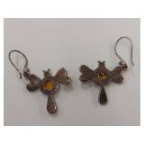 Sterling Silver Dragonfly Earrings with Amber Stones