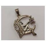 Sterling Silver Fairy Pendant on Crescent Moon