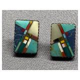 Geometric Sterling Silver 925 Mosaic Ear Studs Rectangular Stone Inlay