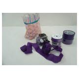 purple crepe paper, duck tape, and ribbon